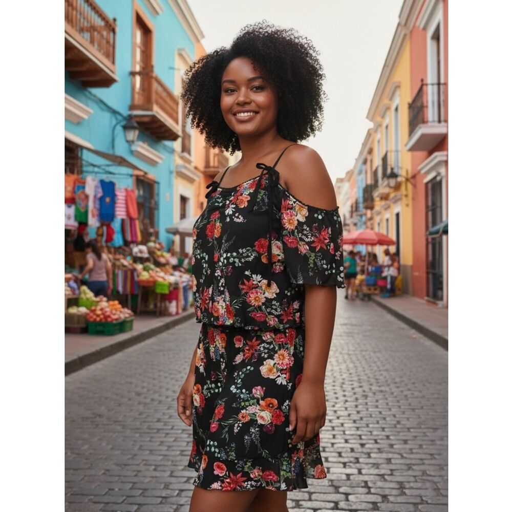 Dolls Kill Sugar Thrillz - Black Floral Off-Shoulder Matching Set Sz 2X